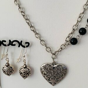 Silver Filigree Heart Pendant Necklace and Earrings Set